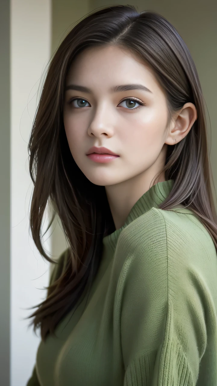 masterpiece,best quality,high resolution,8K,(Portraits:1.5),(Head close-up),(R Original Photo),real picture,Digital Photography,(Girls in the workplace),20 year old girl,Feel free to hairstyle,By Bangs,(Green Eyes),Serious and obsessed, Shut up,Elegant and charming,Serious and arrogant,Calm and handsome,(Women's business suit),Photo poses,Realistic style,Gray World Background,oc render reflection texture
