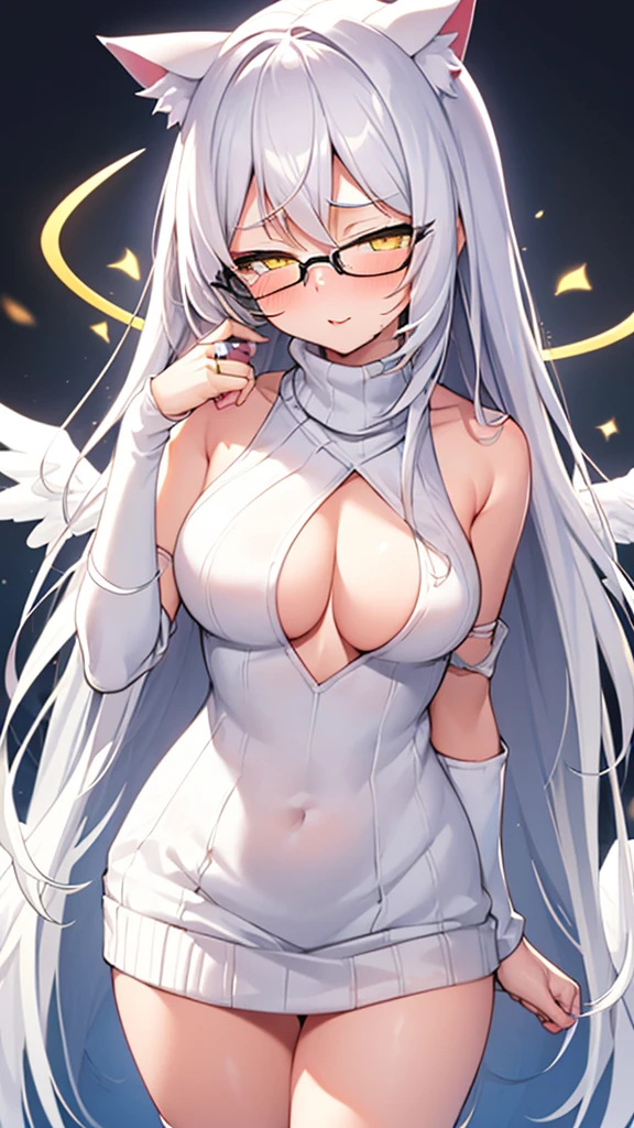 An 18 year old female angel with long, white hair, yellow eyes, white cat ears, and large white angel wings. yellow halo ring round white glasses (Black halter turtleneck, pure killer sweater, sleeveless, bare back, sexy white dress.) white arm warmers hand touching lips, standing