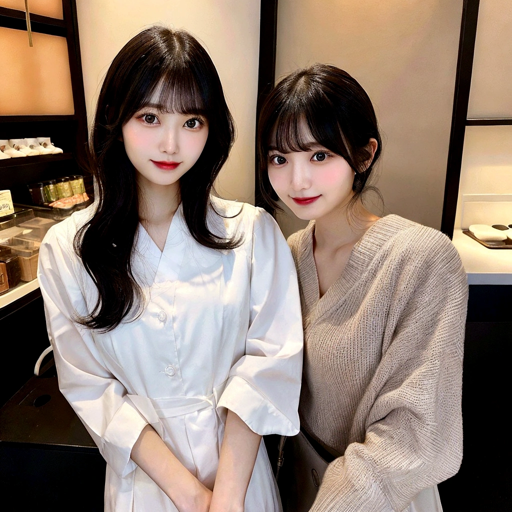 1 person, Japanese woman, H cup, cute, erotic, model's expression, Starbucks clerk, black straight hair, straight bangs, oval face, large round dark eyes, small well-shaped nose, small full lips, warm smile, thin neat eyebrows, clean and approachable aura,