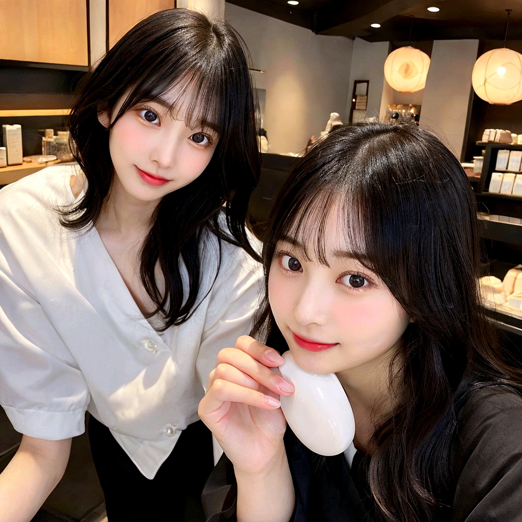 1 person, Japanese woman, H cup, cute, erotic, model's expression, Starbucks clerk, black straight hair, straight bangs, oval face, large round dark eyes, small well-shaped nose, small full lips, warm smile, thin neat eyebrows, clean and approachable aura,