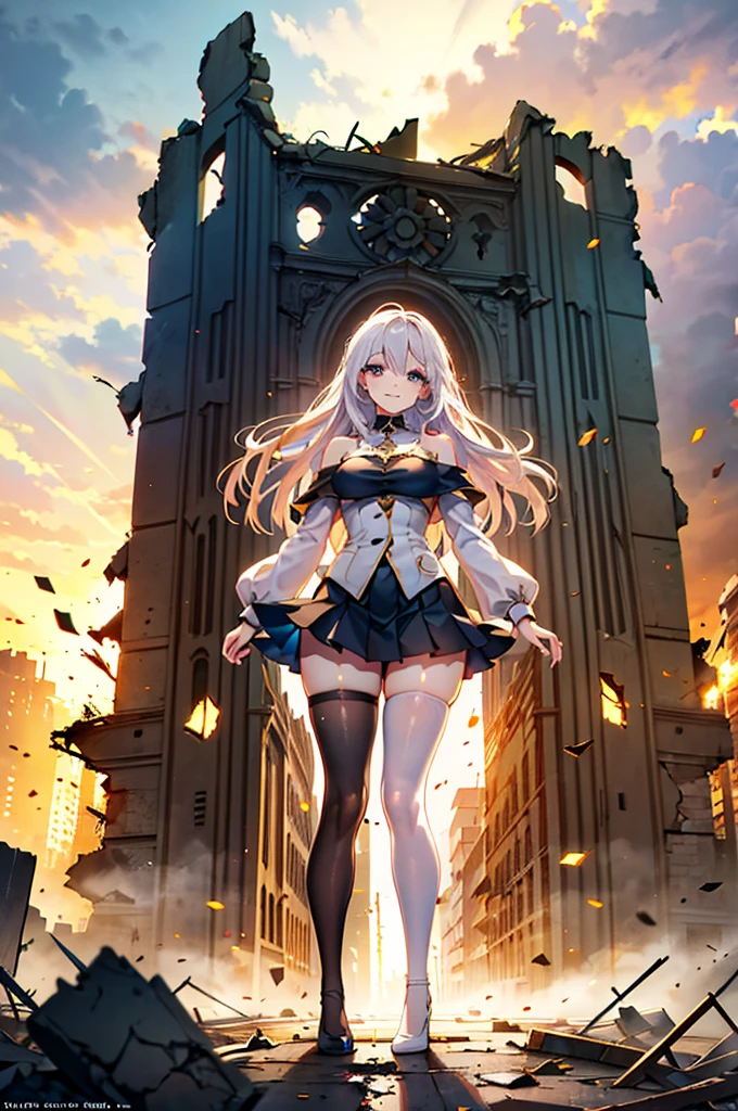 realistic image, coherent image, detailed image, 1 beautiful girl. she has short, by white. her eyes are blue, long eyelashes. Her face is oval and delicate., smiling. She wears a long sleeve, bare shoulders, Top con bare shoulders, Pleated mini skirt, and mid-thigh stockings. she has a curvy body, medium breasts, thick thighs. pose sexy. destroyed buildings background, surrounded by nature, natural lighting, volumetric lighting,