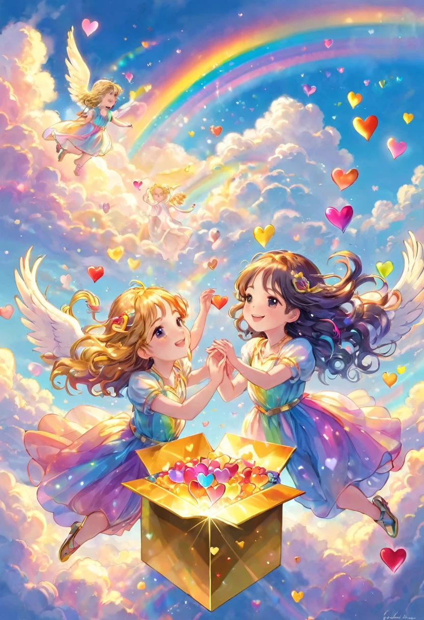 Angels handing out hearts, colorful hearts overflowing from a golden box, sky, above the clouds, heaven, rainbow light hearts, joy, sharing, perfect faces, perfect hands, dancing
