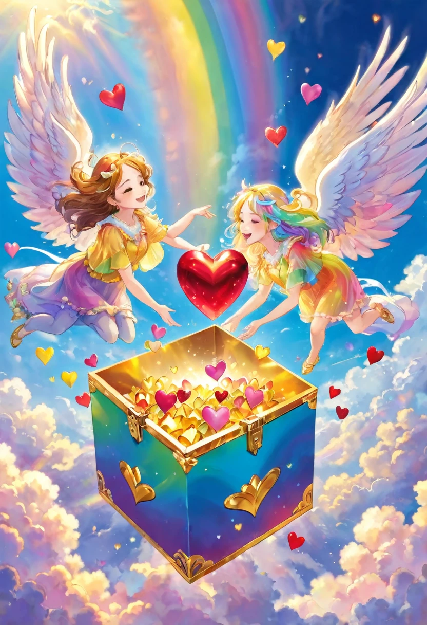 Angels handing out hearts, colorful hearts overflowing from a golden box, sky, above the clouds, heaven, rainbow light hearts, joy, sharing, perfect faces, perfect hands, dancing