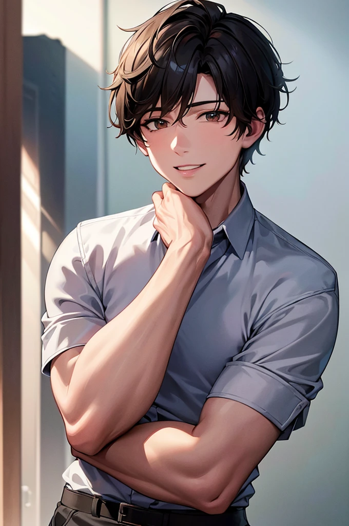 masterpiece, best quality, masterpiece, best quality, masterpiece, best quality, masterpiece, best quality, high quality,high detail, ultra detail, Uhd, 4k,4280x2240, depth field, (hdr:1.9), correct anatomy, a boy masculine with short hair black hair abundant brown eyes with complete spring outfit smile
