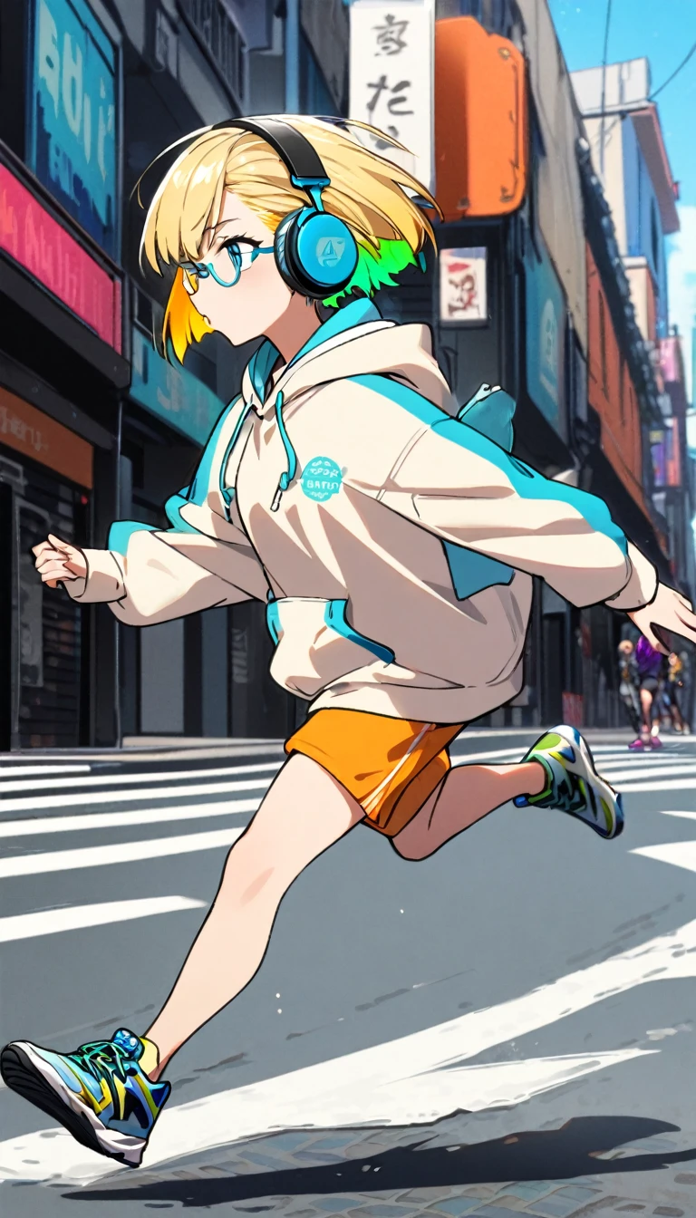 1girl, boyish, facial profile, wearing glasses, aqua eyes, blond hair, short hair, colorful inner hair, headphone, hoodie, short pants, running tits, sneakers, street