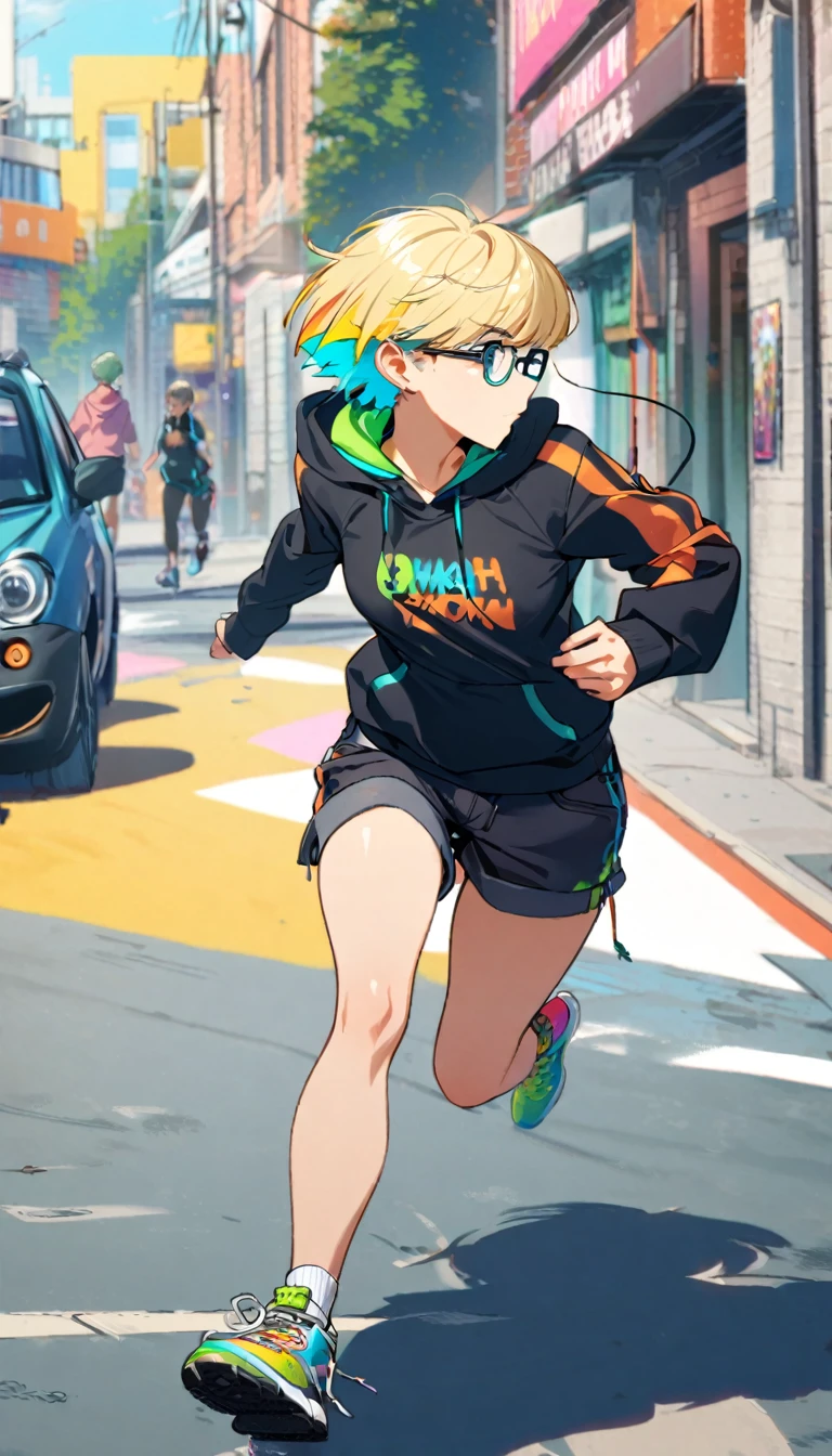 1girl, boyish, facial profile, wearing glasses, aqua eyes, blond hair, short hair, colorful inner hair, headphone, hoodie, short pants, running tits, sneakers, street