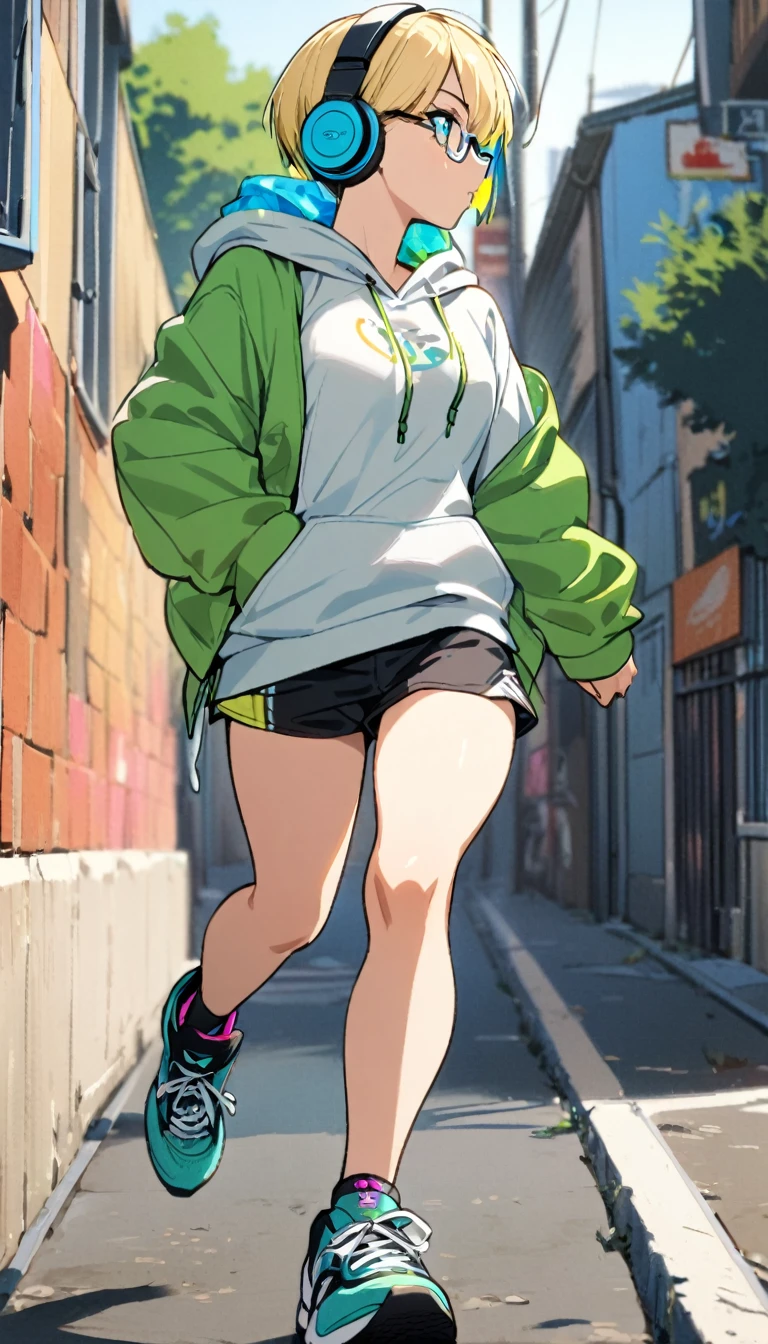 1girl, boyish, facial profile, wearing glasses, aqua eyes, blond hair, short hair, colorful inner hair, headphone, hoodie, short pants, running tits, sneakers, street