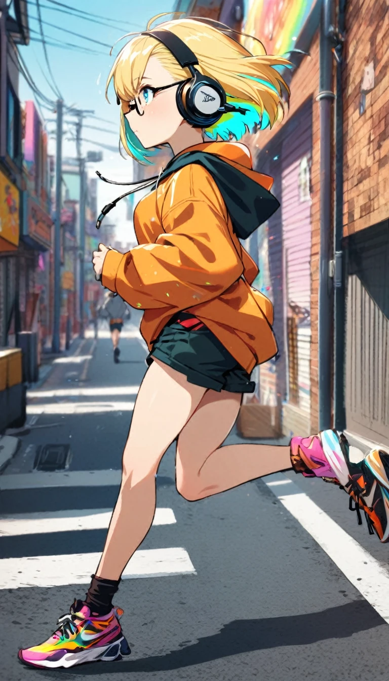 1girl, boyish, facial profile, wearing glasses, aqua eyes, blond hair, short hair, colorful inner hair, headphone, hoodie, short pants, running tits, sneakers, street