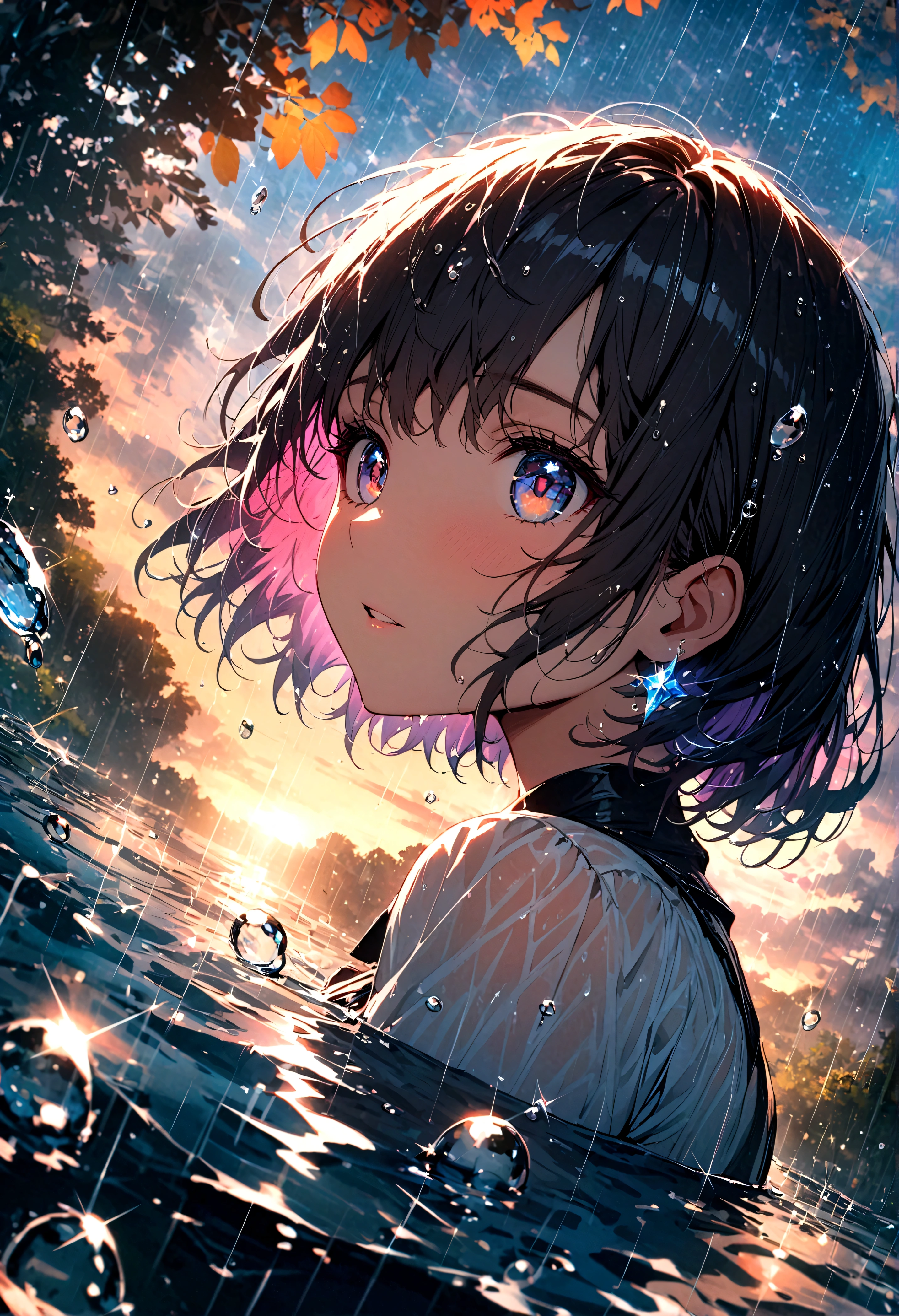 short hair,Beautiful sky, rain,(Crystal clear rain sparkles in the sky,Water Drops), masterpiece,high resolution,Wide-angle lens