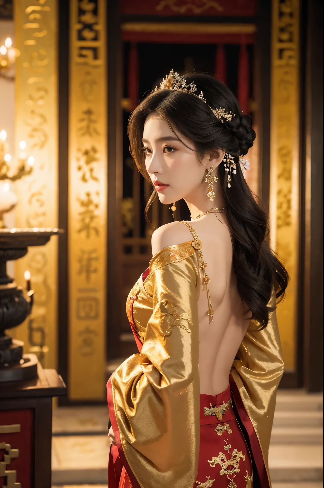 (((best quality))),(((ultra detailed))),(((masterpiece))),illustration,1 girl,solo,slim,thin,shoulder length straight bob hair,earrings,necklace,small breasts,flat chest,slender legs,high heels,Asian appearance,princess,royal,Chinese palace,night scene,(magnificent dragon robe:1.3),(sleeves:1.2),golden crown,intricate embroidery,luxurious fabric,precious stones,(arms behind back:1.3),decorative patterns,rich decorations,luxurious furnishings,regal charm,beautiful face,gentle smile,bright eyes,historical,traditional,city lights,modernity,frozen moment,beauty of the past,evolution of time,(from front:1.3),(upper body:1.2),(standing:1.3),(arms behind back:1.3)