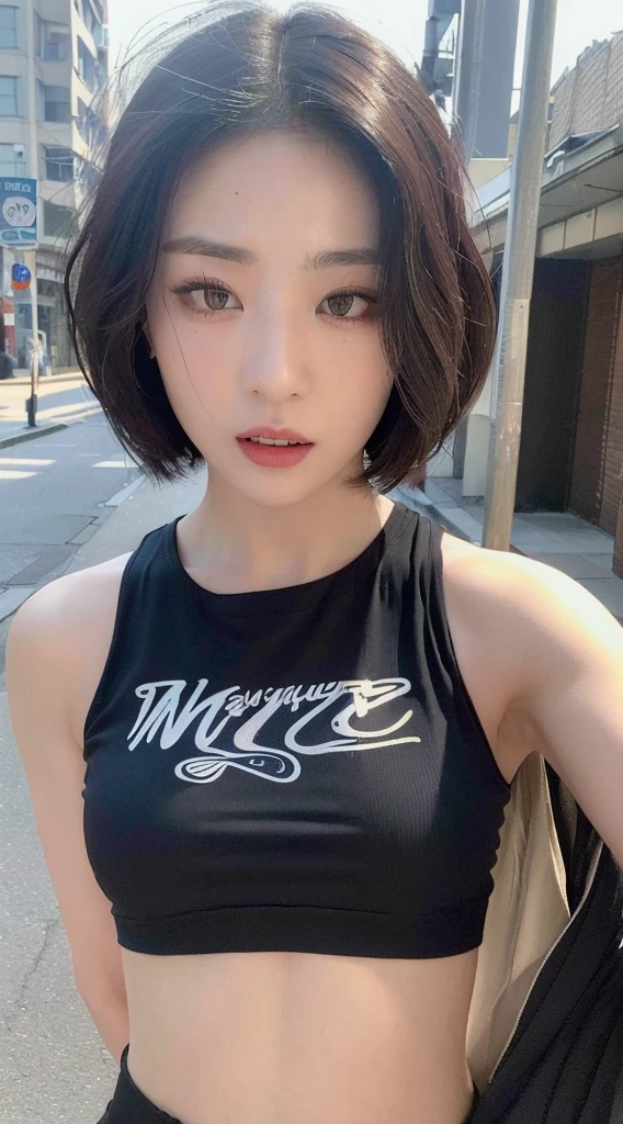 ((Best quality, 8K, Masterpiece :1.3)), Sharp focus :1.2, perfect figure beautiful woman:1.4, Slim abs:1.2, ((Short hair in layers, mischievous expression:1.2)), (crop top shirt:1.1 ), (the street:1.2), yakuza tattoos, samurai sword, Highly detailed facial and skin texture, Detailed eyes, double eyelid