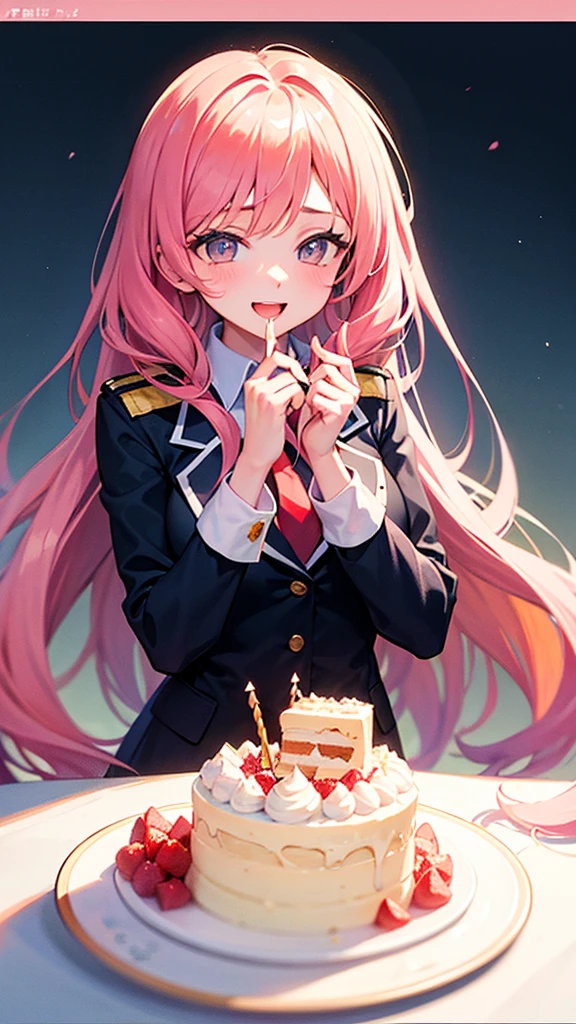 Birthday celebration scene。A high school girl in uniform is blowing out the candles on a whole cake、A male high school student in uniform is smiling and happy、Cute anime style、Pastel painting style、Plain pink background
