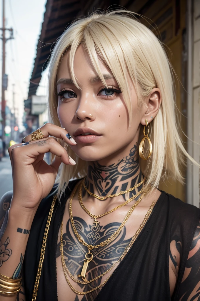Tattooed slum dweller, blonde, white eyes, a ring on his finger with a gold chain