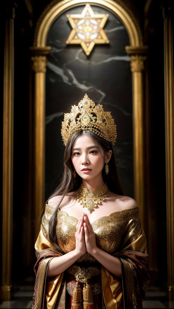 a beautiful ancient queen, praying to the gods in a grand temple, ornate offerings, (best quality,4k,8k,highres,masterpiece:1.2),ultra-detailed,(realistic,photorealistic,photo-realistic:1.37),intricate architectural details,dramatic lighting,ornate golden decorations,flowing ceremonial robes,detailed facial features,elegant headdress,glowing candles,incense smoke,opulent tapestries,stained glass windows,detailed marble floors,towering columns,warm color palette,cinematic composition