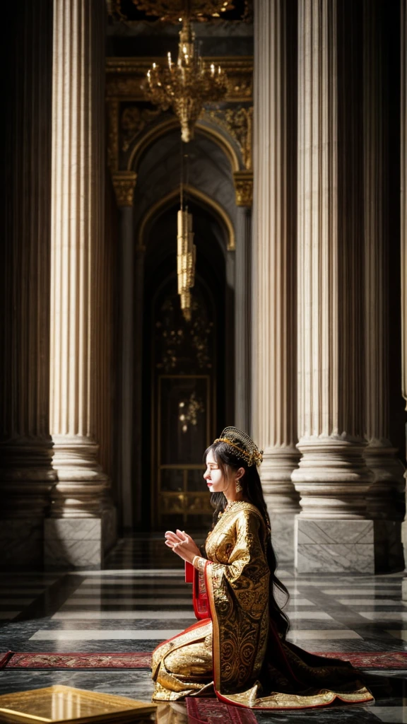 a beautiful ancient queen, praying to the gods in a grand temple, ornate offerings, (best quality,4k,8k,highres,masterpiece:1.2),ultra-detailed,(realistic,photorealistic,photo-realistic:1.37),intricate architectural details,dramatic lighting,ornate golden decorations,flowing ceremonial robes,detailed facial features,elegant headdress,glowing candles,incense smoke,opulent tapestries,stained glass windows,detailed marble floors,towering columns,warm color palette,cinematic composition