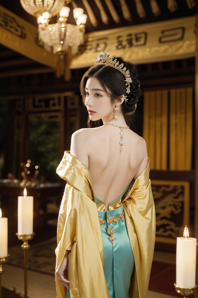 (((best quality))),(((ultra detailed))),(((masterpiece))),illustration,1 girl,solo,slim,thin,shoulder length straight bob hair,earrings,necklace,small breasts,flat chest,slender legs,high heels,Asian appearance,princess,royal,Chinese palace,night scene,(magnificent dragon robe:1.3),(sleeves:1.2),golden crown,intricate embroidery,luxurious fabric,precious stones,(arms behind back:1.3),decorative patterns,rich decorations,luxurious furnishings,regal charm,beautiful face,gentle smile,bright eyes,historical,traditional,city lights,modernity,frozen moment,beauty of the past,evolution of time,(from front:1.3),(upper body:1.2),(standing:1.3),(arms behind back:1.3)