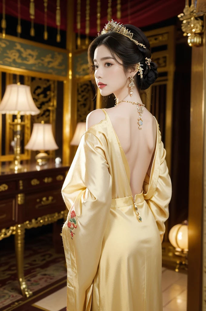 (((best quality))),(((ultra detailed))),(((masterpiece))),illustration,1 girl,solo,slim,thin,shoulder length straight bob hair,earrings,necklace,small breasts,flat chest,slender legs,high heels,Asian appearance,princess,royal,Chinese palace,night scene,(magnificent dragon robe:1.3),(sleeves:1.2),golden crown,intricate embroidery,luxurious fabric,precious stones,(arms behind back:1.3),decorative patterns,rich decorations,luxurious furnishings,regal charm,beautiful face,gentle smile,bright eyes,historical,traditional,city lights,modernity,frozen moment,beauty of the past,evolution of time,(from front:1.3),(upper body:1.2),(standing:1.3),(arms behind back:1.3)