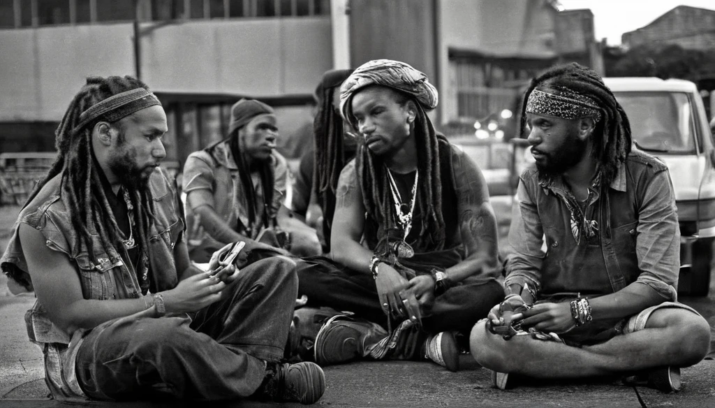 Jamaican Reggae band members are relaxing outside of a concert hall, having a break time near a parking lot. Drinking and smoking. Rasta style. Dreadlocks. Bandana. Black and white with natural lighting.