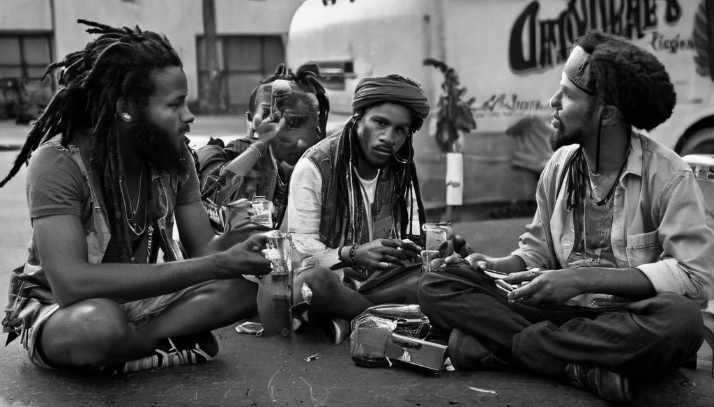 Jamaican Reggae band members are relaxing outside of a concert hall, having a break time near a parking lot. Drinking and smoking. Rasta style. Dreadlocks. Bandana. Black and white with natural lighting.