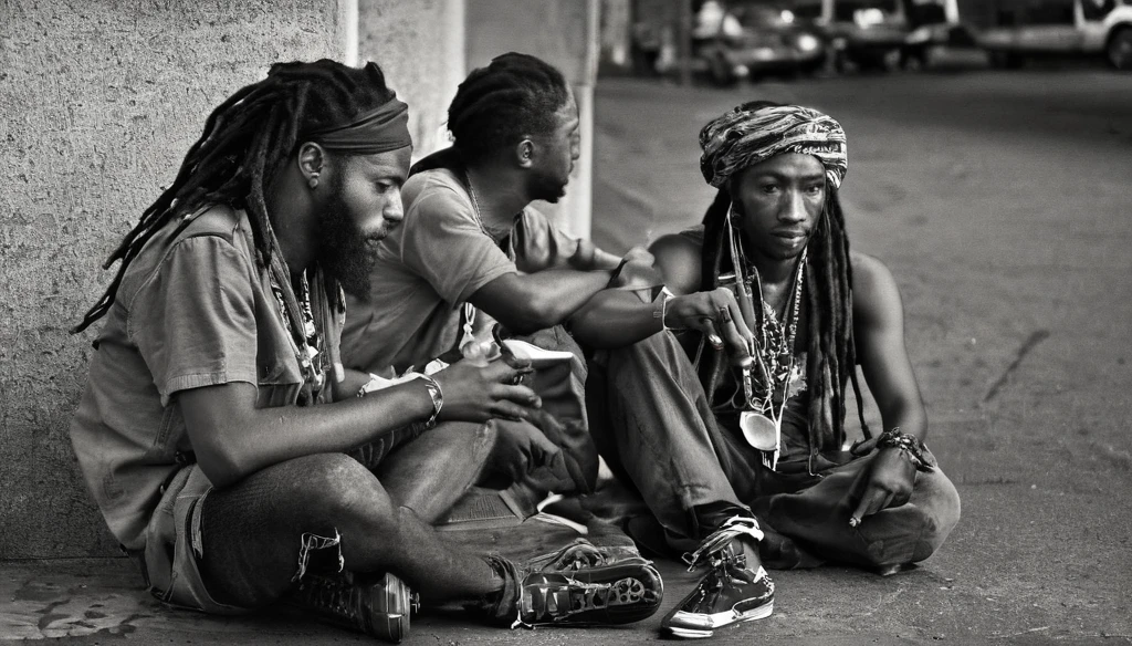 Jamaican Reggae band members are relaxing outside of a concert hall, having a break time near a parking lot. Drinking and smoking. Rasta style. Dreadlocks. Bandana. Black and white with natural lighting.