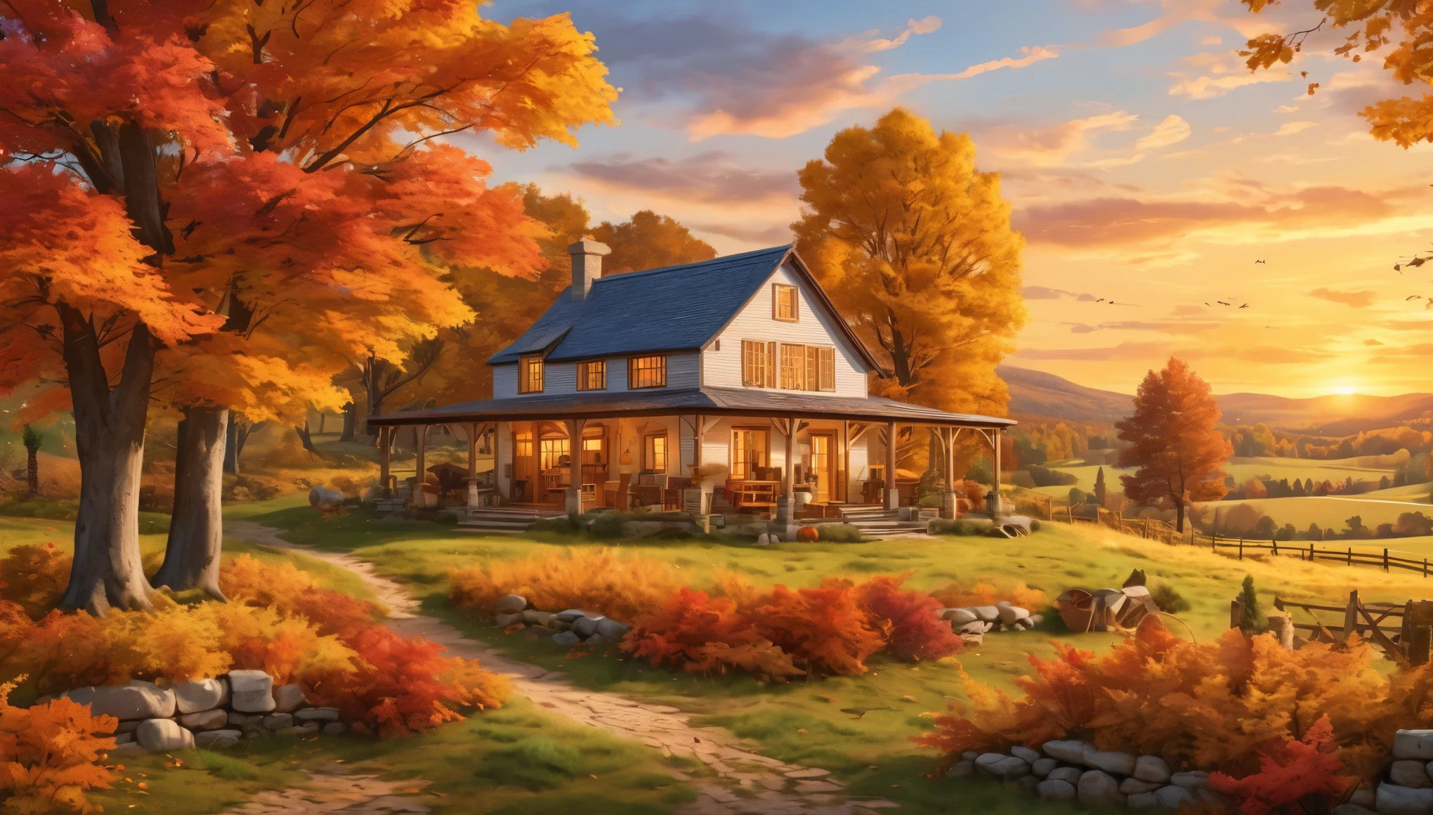 The farmhouse set in a serene autumn landscape with warm, vibrant foliage and a golden sunset. hyper realistic photo, vibrant color, 16k