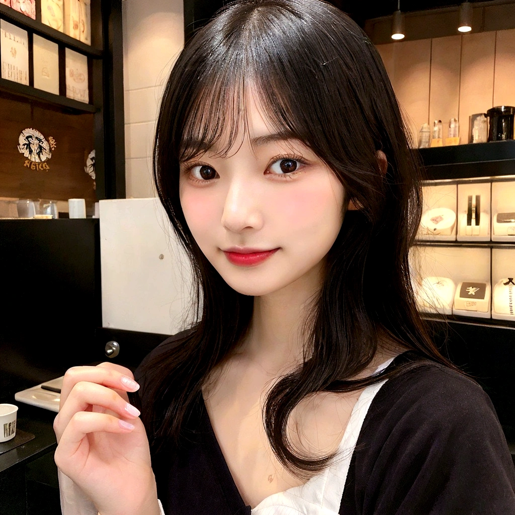 solo, Japanese woman, H cup, cute, erotic, model's expression, Starbucks clerk, black straight hair, straight bangs, oval face, large round dark eyes, small well-shaped nose, small full lips, warm smile, thin neat eyebrows, clean and approachable aura,