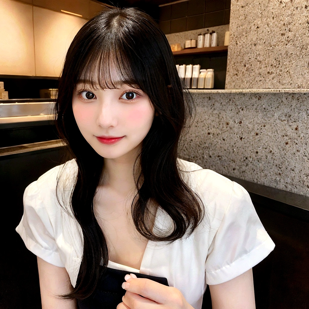 solo, Japanese woman, H cup, cute, erotic, model's expression, Starbucks clerk, black straight hair, straight bangs, oval face, large round dark eyes, small well-shaped nose, small full lips, warm smile, thin neat eyebrows, clean and approachable aura,