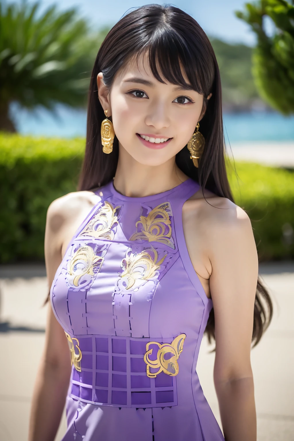 (Masterpiece:1.3), (8K), (Best Quality:1.4), (UHD), (Photorealistic),( Raw Photography), (1girl), (Ultra High Detailed), (Detailed face), very perfect face, (Detailed hair), Beautiful hair, bangs, (symmetrical eyes:1.3), (Detailed eyes), (Detailed skin), Realistic skin, shiny skin, Ultra high definition, (medium breasts:0.7), (slim figure), (super model figure), gentle smile:1.2, Japanese cute girl,
( wearing a pale purple Cutwork dress:1.5, ornament pattern:1.3, Inspired by Versace:1.3 ),
full body, On the breakwater in Okinawa, dancing