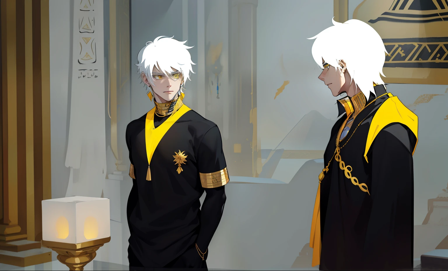 There are two demigods, they are 18 years old, white hair, yellow eyes, golden jewelry, black and yellow tunics. , They are talking seriously thoughtful, They are in a room in a palace in ancient Egypt.