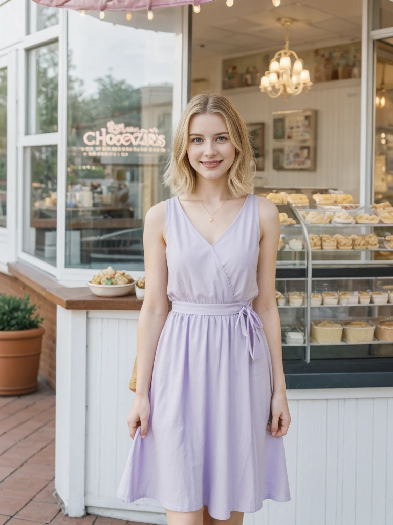 her name is Marie, high quality, 1girl, ((20-year-old fit Caucasian woman)), ((20 years old)), ((fit)), ((pale skin tone)), medium length straight blonde hair , wearing Pastel Lavender Linen Wrap Dress, pose: standing, background: Detail the cozy charm of a local ice cream parlor, with glass cases filled with colorful flavors, retro décor, and the sound of scoops clinking against waffle cones.