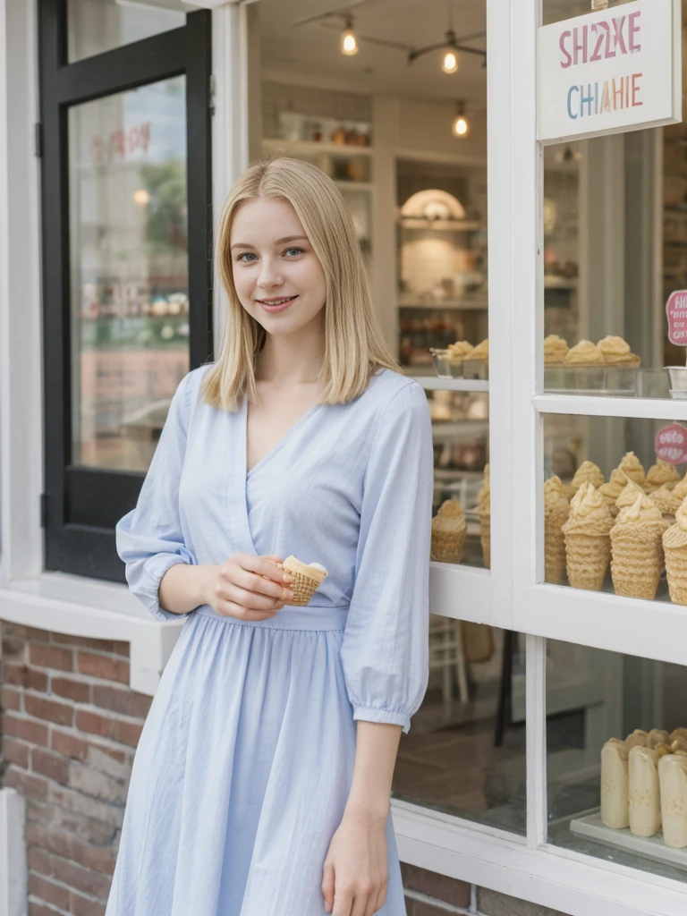 her name is Marie, high quality, 1girl, ((20-year-old fit Caucasian woman)), ((20 years old)), ((fit)), ((pale skin tone)), medium length straight blonde hair , wearing Pastel Lavender Linen Wrap Dress, pose: standing, background: Detail the cozy charm of a local ice cream parlor, with glass cases filled with colorful flavors, retro décor, and the sound of scoops clinking against waffle cones.