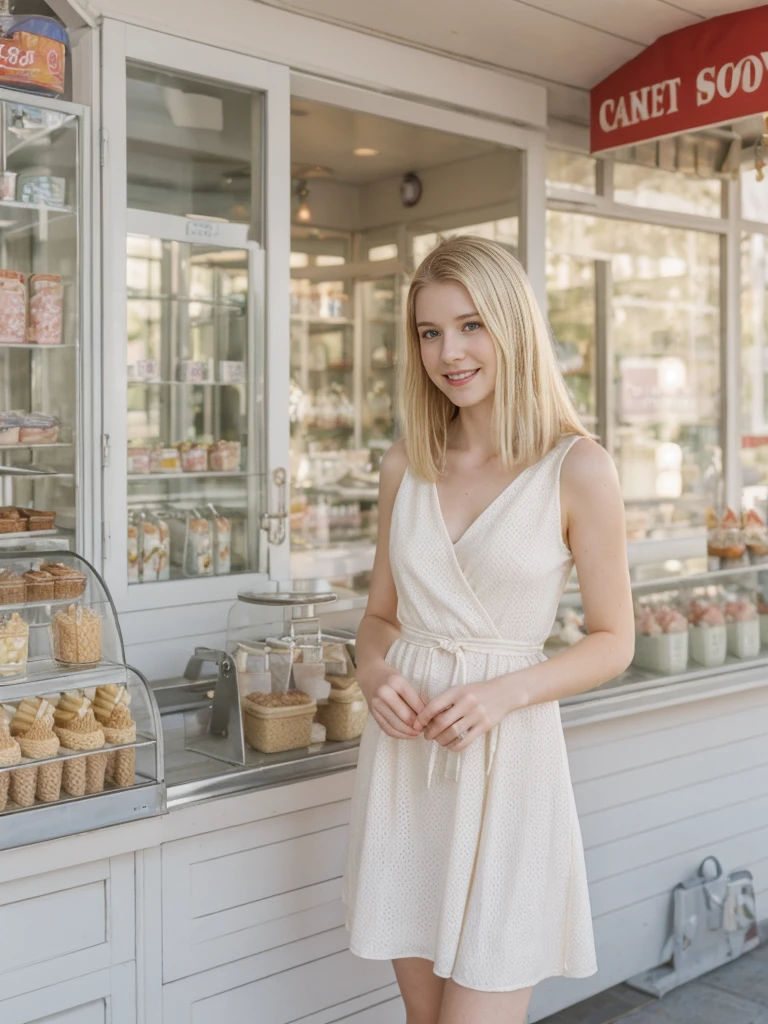 her name is Marie, high quality, 1girl, ((20-year-old fit Caucasian woman)), ((20 years old)), ((fit)), ((pale skin tone)), medium length straight blonde hair , wearing Pastel Lavender Linen Wrap Dress, pose: standing, background: Detail the cozy charm of a local ice cream parlor, with glass cases filled with colorful flavors, retro décor, and the sound of scoops clinking against waffle cones.