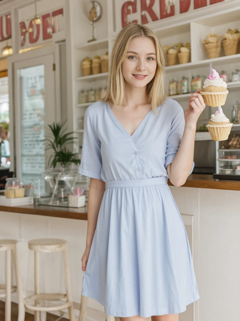 her name is Marie, high quality, 1girl, ((20-year-old fit Caucasian woman)), ((20 years old)), ((fit)), ((pale skin tone)), medium length straight blonde hair , wearing Pastel Lavender Linen Wrap Dress, pose: standing, background: Detail the cozy charm of a local ice cream parlor, with glass cases filled with colorful flavors, retro décor, and the sound of scoops clinking against waffle cones.