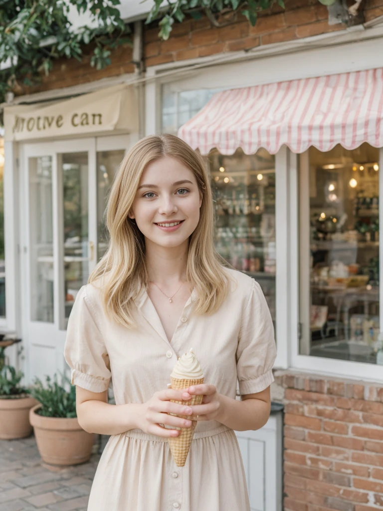 her name is Marie, high quality, 1girl, ((20-year-old fit Caucasian woman)), ((20 years old)), ((fit)), ((pale skin tone)), medium length straight blonde hair , wearing Pastel Lavender Linen Wrap Dress, pose: standing, background: Detail the cozy charm of a local ice cream parlor, with glass cases filled with colorful flavors, retro décor, and the sound of scoops clinking against waffle cones.