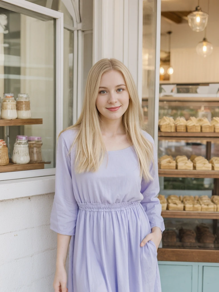 her name is Marie, high quality, 1girl, ((20-year-old fit Caucasian woman)), ((20 years old)), ((fit)), ((pale skin tone)), medium length straight blonde hair , wearing Pastel Lavender Linen Wrap Dress, pose: standing, background: Detail the cozy charm of a local ice cream parlor, with glass cases filled with colorful flavors, retro décor, and the sound of scoops clinking against waffle cones.