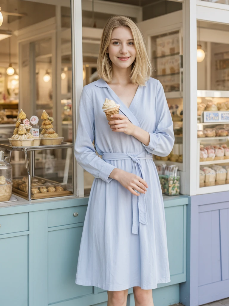 her name is Marie, high quality, 1girl, ((20-year-old fit Caucasian woman)), ((20 years old)), ((fit)), ((pale skin tone)), medium length straight blonde hair , wearing Pastel Lavender Linen Wrap Dress, pose: standing, background: Detail the cozy charm of a local ice cream parlor, with glass cases filled with colorful flavors, retro décor, and the sound of scoops clinking against waffle cones.