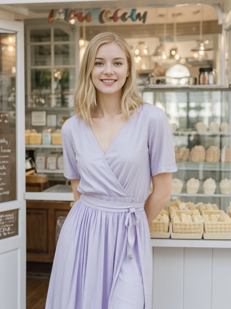 her name is Marie, high quality, 1girl, ((20-year-old fit Caucasian woman)), ((20 years old)), ((fit)), ((pale skin tone)), medium length straight blonde hair , wearing Pastel Lavender Linen Wrap Dress, pose: standing, background: Detail the cozy charm of a local ice cream parlor, with glass cases filled with colorful flavors, retro décor, and the sound of scoops clinking against waffle cones.