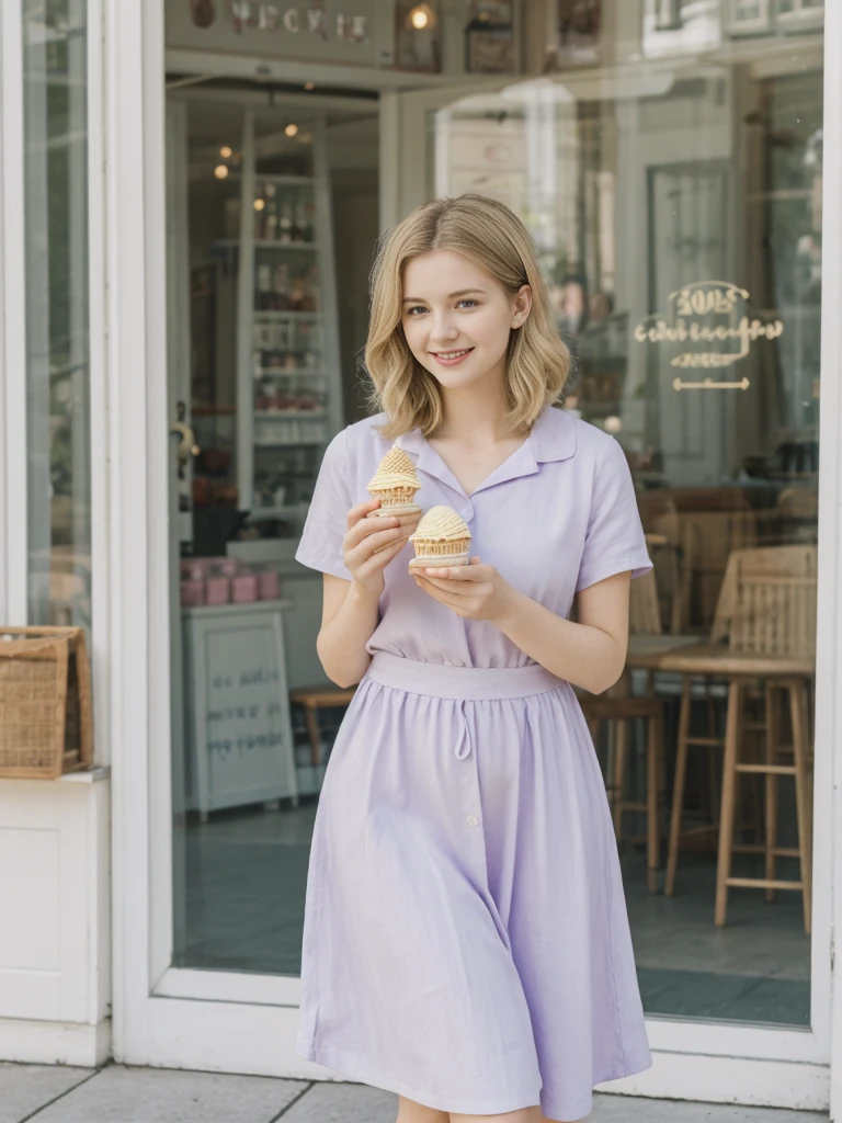 her name is Marie, high quality, 1girl, ((20-year-old fit Caucasian woman)), ((20 years old)), ((fit)), ((pale skin tone)), medium length straight blonde hair , wearing Pastel Lavender Linen Wrap Dress, pose: standing, background: Detail the cozy charm of a local ice cream parlor, with glass cases filled with colorful flavors, retro décor, and the sound of scoops clinking against waffle cones.