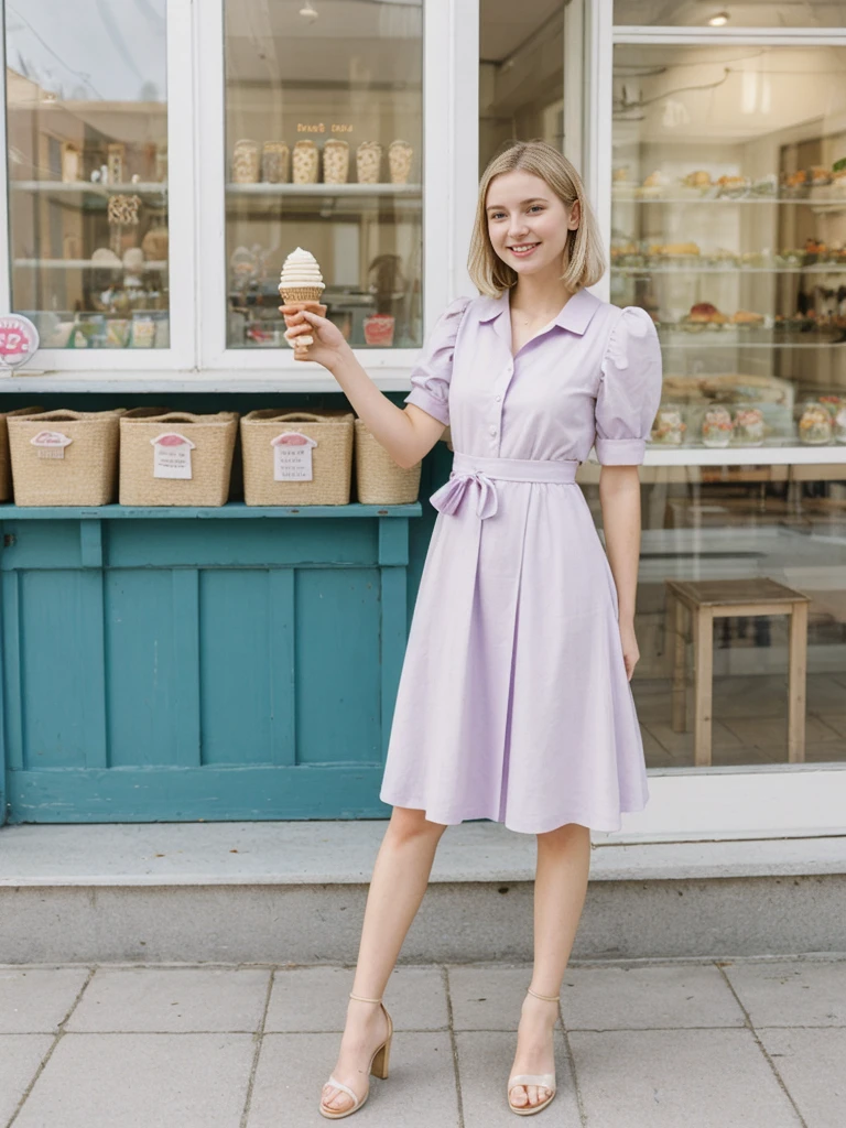 her name is Marie, high quality, 1girl, ((20-year-old fit Caucasian woman)), ((20 years old)), ((fit)), ((pale skin tone)), medium length straight blonde hair , wearing Pastel Lavender Linen Wrap Dress, pose: standing, background: Detail the cozy charm of a local ice cream parlor, with glass cases filled with colorful flavors, retro décor, and the sound of scoops clinking against waffle cones.