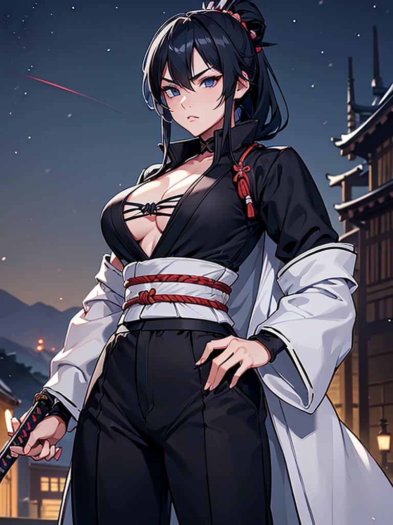 a female samurai, beautiful detailed eyes, beautiful detailed lips, extremely detailed face, long eyelashes,hyper realistic lighting,(super detailed:1.3),((best quality:1.2)),((masterpiece:1.2)),female focus, beauty,(nightt:1.6),(standing in a medieval European castle town),cowboy shot,cleavage,i over bares:1.125)),topknot,ark blue hair:1.1,(white samurai coat),(black samurai pants:1.3),(angry:1.05),(large sleeves),(katana sword on hip:1.06),torn pants,torn clothes:1.3