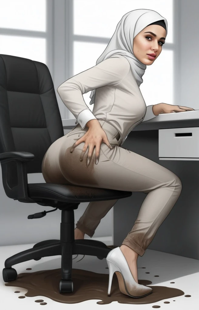 (((Realistic graphics))), (((realistic textures))), realistic face features, realistic body proportions, 1girl, slim face, pretty face, cute eyes, skinny body, wearing white hijab, white chino pants, tight long sleeve classic oned shirt, white heels, nervous facial expressions, very sweaty, both hands on ass, office, near the office chair, dirty office chair, dirty pants, dirty clothes, sweaty clothes, (((make the whole image filthy and dirty))), (((mud overflowing from pants))), stinky atmosphere, filthy atmosphere, mud on pants, disgusting office, too much mud on pants, (((extreme amount of mud on crotch))), mud dripping from crotch