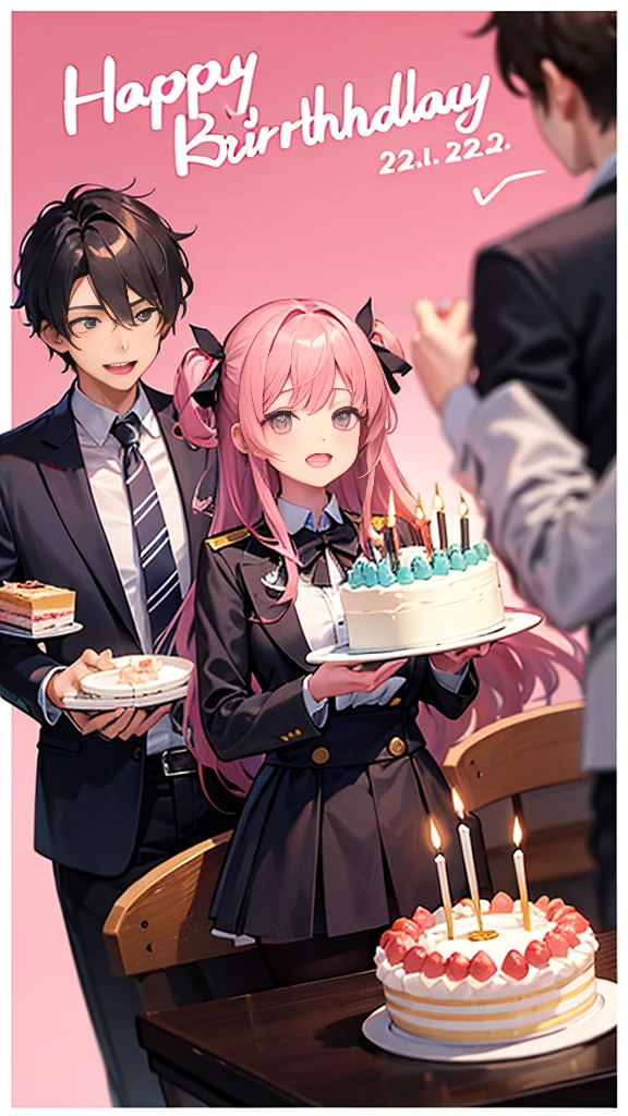 Birthday celebration scene。A high school girl in uniform is blowing out the candles on a whole cake、A male high school student in uniform is smiling and happy、Cute anime style、Pastel painting style、Plain pink background
