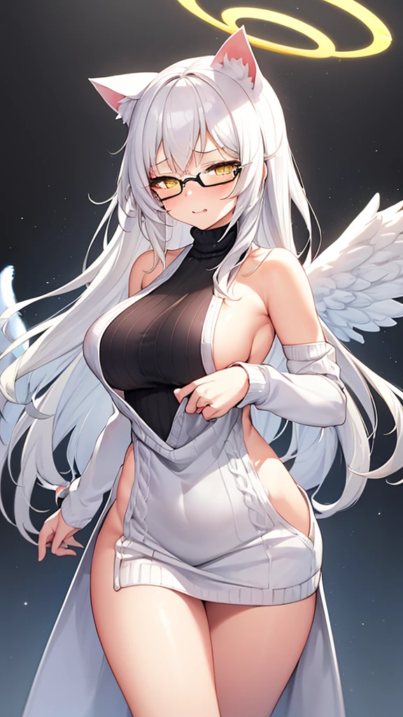 An 18 year old female angel with long, white hair, yellow eyes, white cat ears, and large white angel wings. yellow halo ring round white glasses (Black halter turtleneck, purekiller sleeveless sweater, backless sexy white dress.) white arm warmers hand touching lips, standing