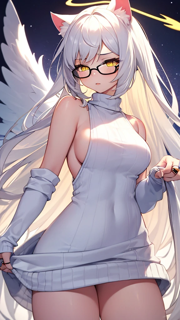 An 18 year old female angel with long, white hair, yellow eyes, white cat ears, and large white angel wings. yellow halo ring round white glasses (Black halter turtleneck, purekiller sleeveless sweater, backless sexy white dress.) white arm warmers hand touching lips, standing