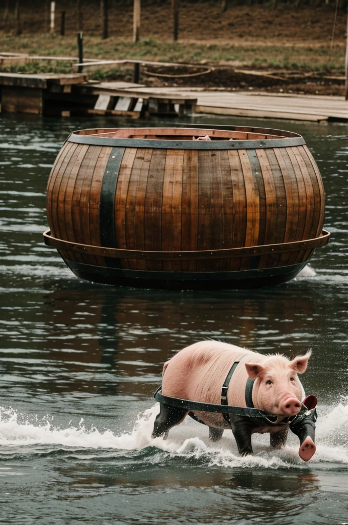 Pig sailing in barrel in the rain 