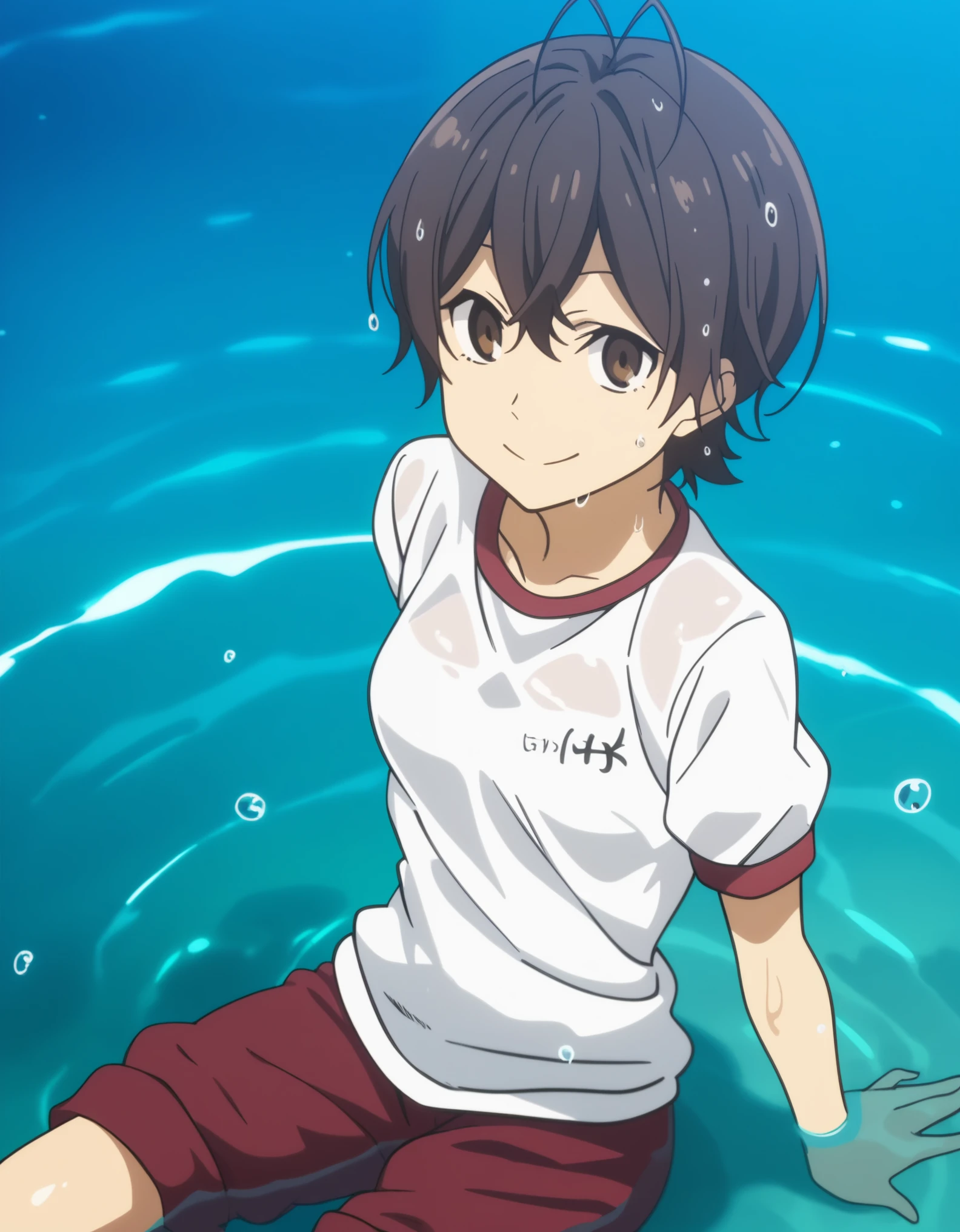 score_9, score_8_up, score_7_up, score_6_up, score_5_up, score_4_up, source anime, anime screencap, anime coloring, miwa, looking at viewer, small breasts, smile, gym shirt, gym shorts, wet shirt, partially submerged, water, arms behind back, water drop,