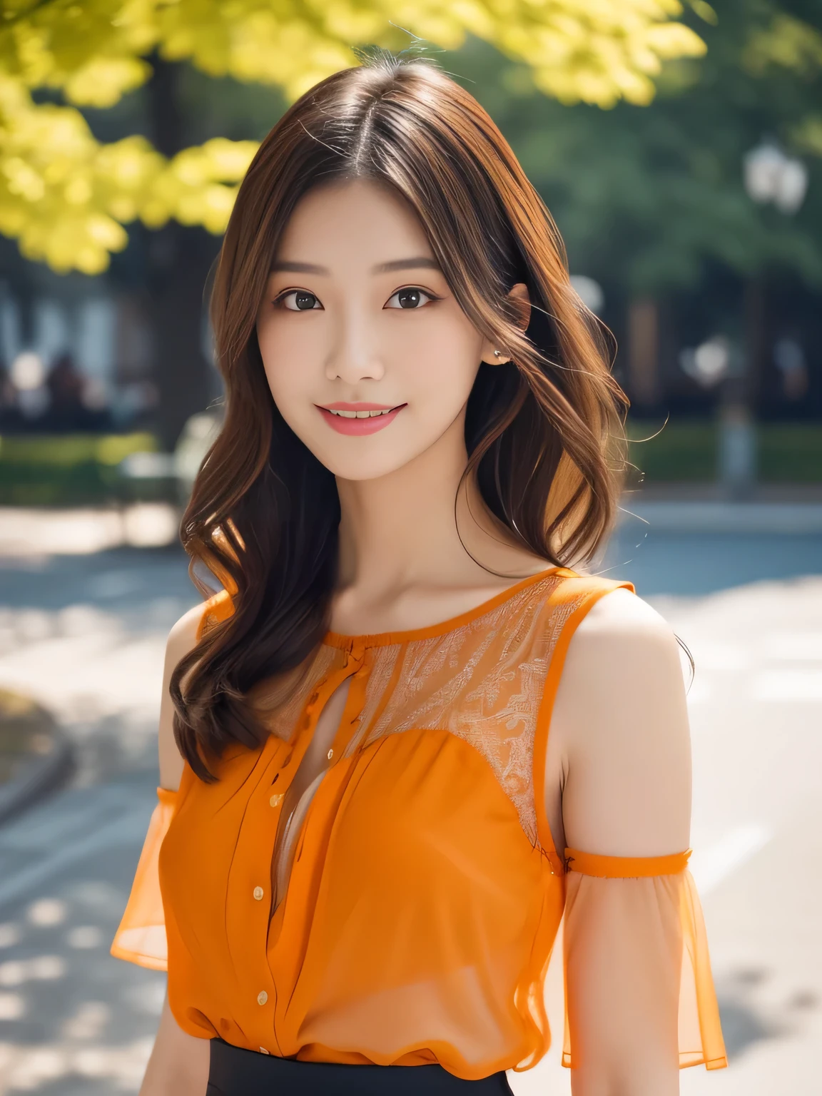 1 Girl,(Wearing an orange short-sleeved see-through blouse:1.3),(RAW Photos, Highest quality), (Realistic, Realistic:1.4), Tabletop, Very delicate and beautiful, Very detailed, 2k wallpaper, wonderful, In detail, Very detailed CG Unity 8k wallpaper, Very detailed, High resolution, Soft Light, Beautiful detailed girl, Very detailed目と顔, Beautiful and sophisticated nose, Beautiful and beautiful eyes, Cinema Lighting, Spring afternoon park background, Perfect Anatomy, Slender body, smile, Wavy long hair, (Random body orientation), face looking at the camera,