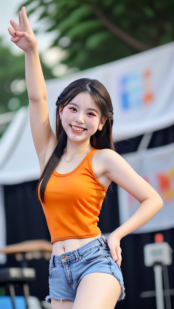 แปลข้อความด้วยกล้องถ่ายรูป
Translate text with camera
may be
Thai girl, 18 years old, beautiful and cute, long black braids, white skin, perfect proportions, wearing a tight orange tank top. Jeans shorts Stand and dance to the beautiful music. With bright smiling faces on stage at an outdoor concert in the Northeast with young people from the Northeast as the backdrop. Udon Thani Province, Thailand, realistic images