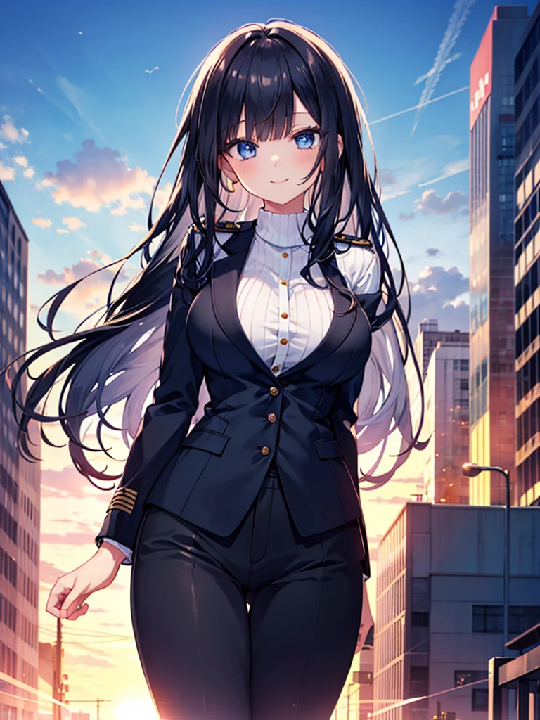 transparent,off-shoulder_sweater,1girl,slender,hime cut,straight_hair,black hair,side_blunt_bangs,blue eyes,symbol_in_eye,medium breasts,narrow_waist,huge filesize,smile,panorama,police_uniform,business_suit,