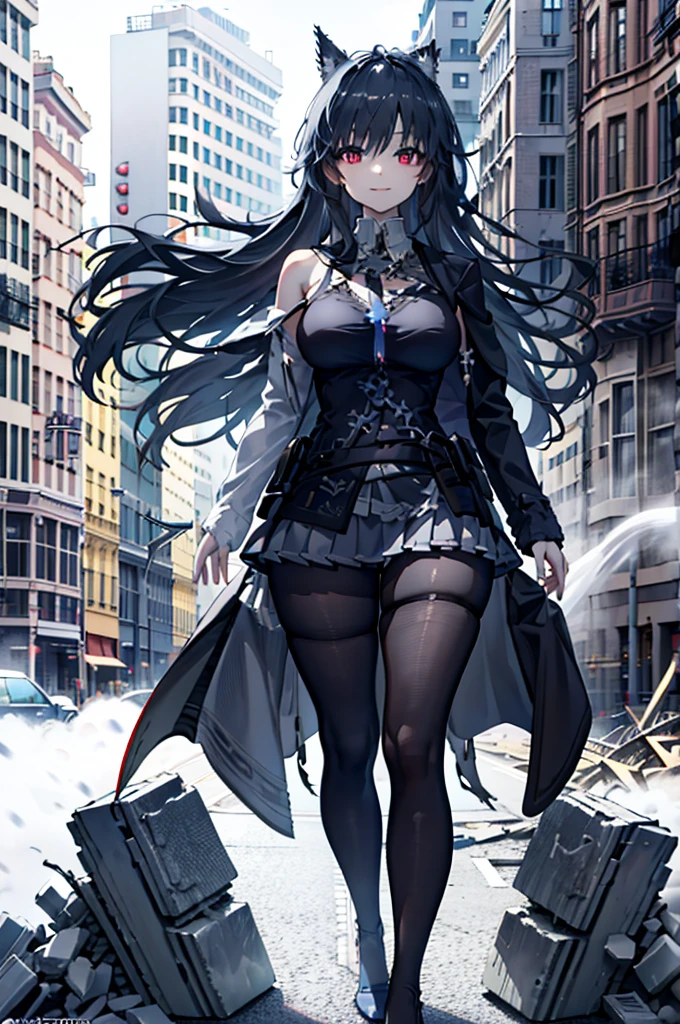 realistic image, coherent image, detailed image, 1 beautiful girl. she has short, by white. her eyes are blue, long eyelashes. Her face is oval and delicate., smiling. She wears a long sleeve, bare shoulders, Top con bare shoulders, Pleated mini skirt, and mid-thigh stockings. she has a curvy body, medium , thick thighs. pose sexy. droyed buildings background, surrounded by nature, natural lighting, volumetric lighting,
